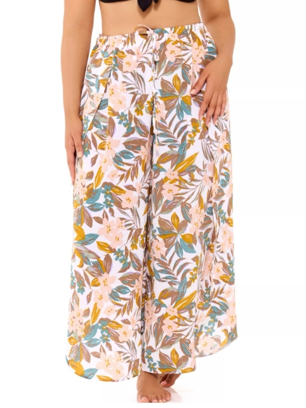 NWT Freshwater Floral (1X) beach pants in Peach, Teal & Brown